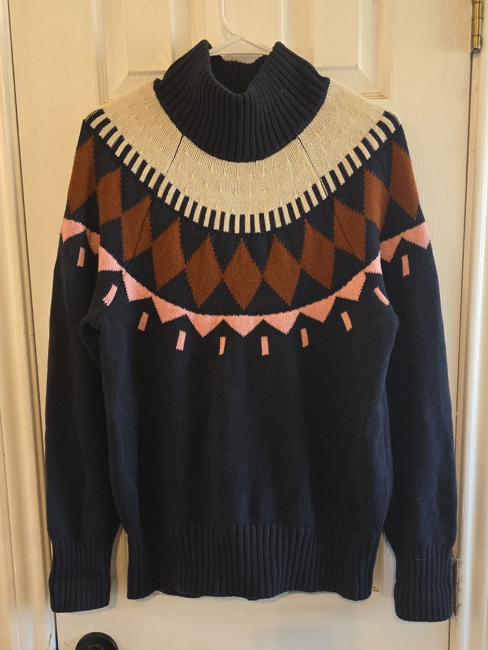 Navy Turtleneck Sweater with Pink and Brown Fair Isle Yoke